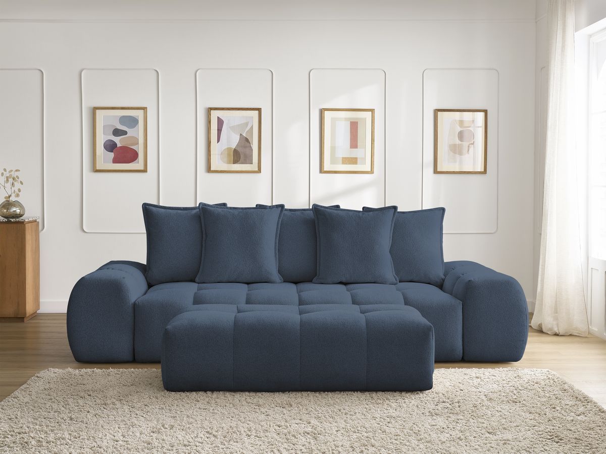 Bobochic Everest Sofa 3-Sitzer mit Pouf, 5 Kissen Melange-Stoff Dunkelblau