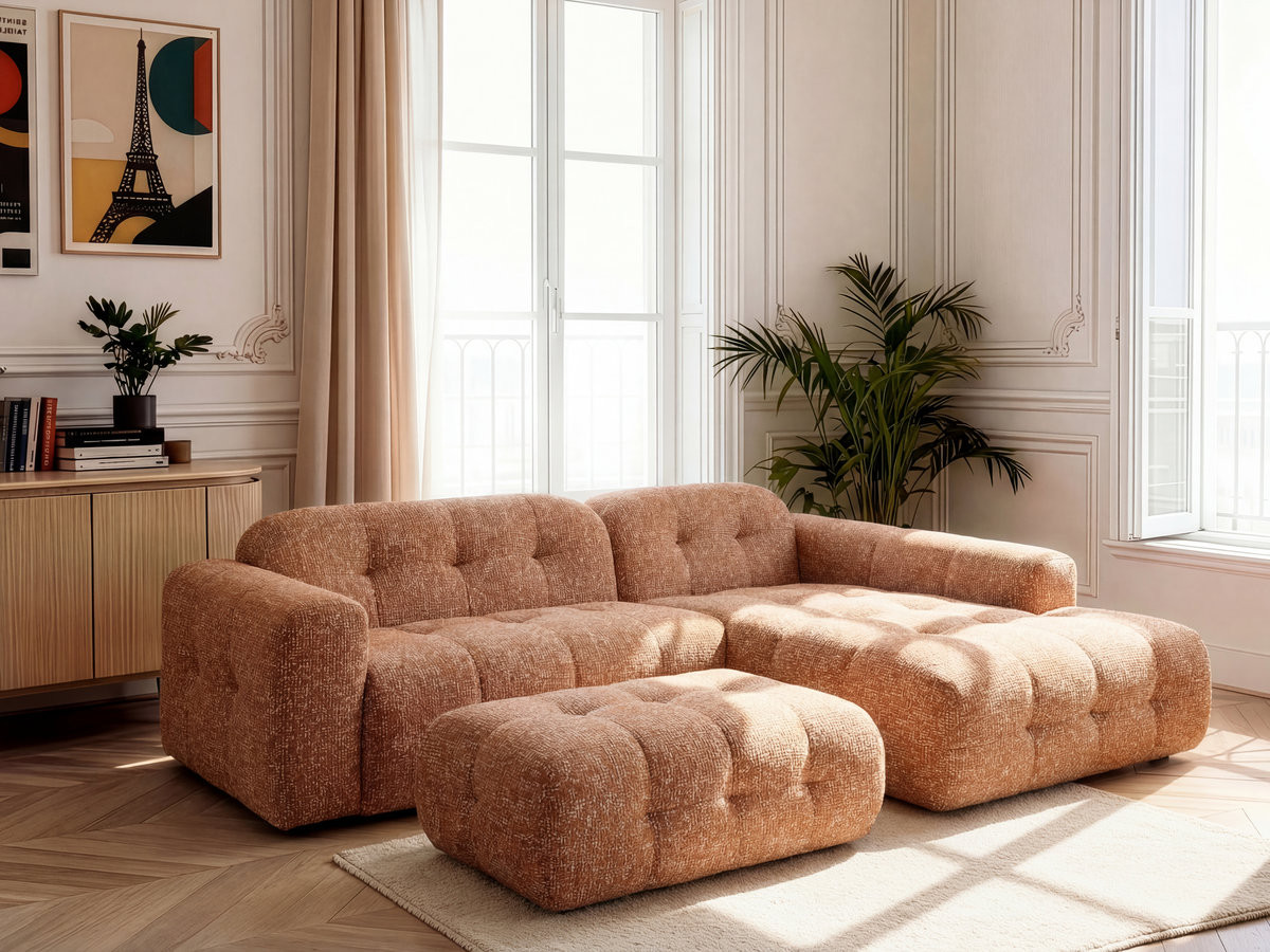 Bobochic Laura Ecksofa mit großem Pouf Melange-Stoff Orange Ecke rechts