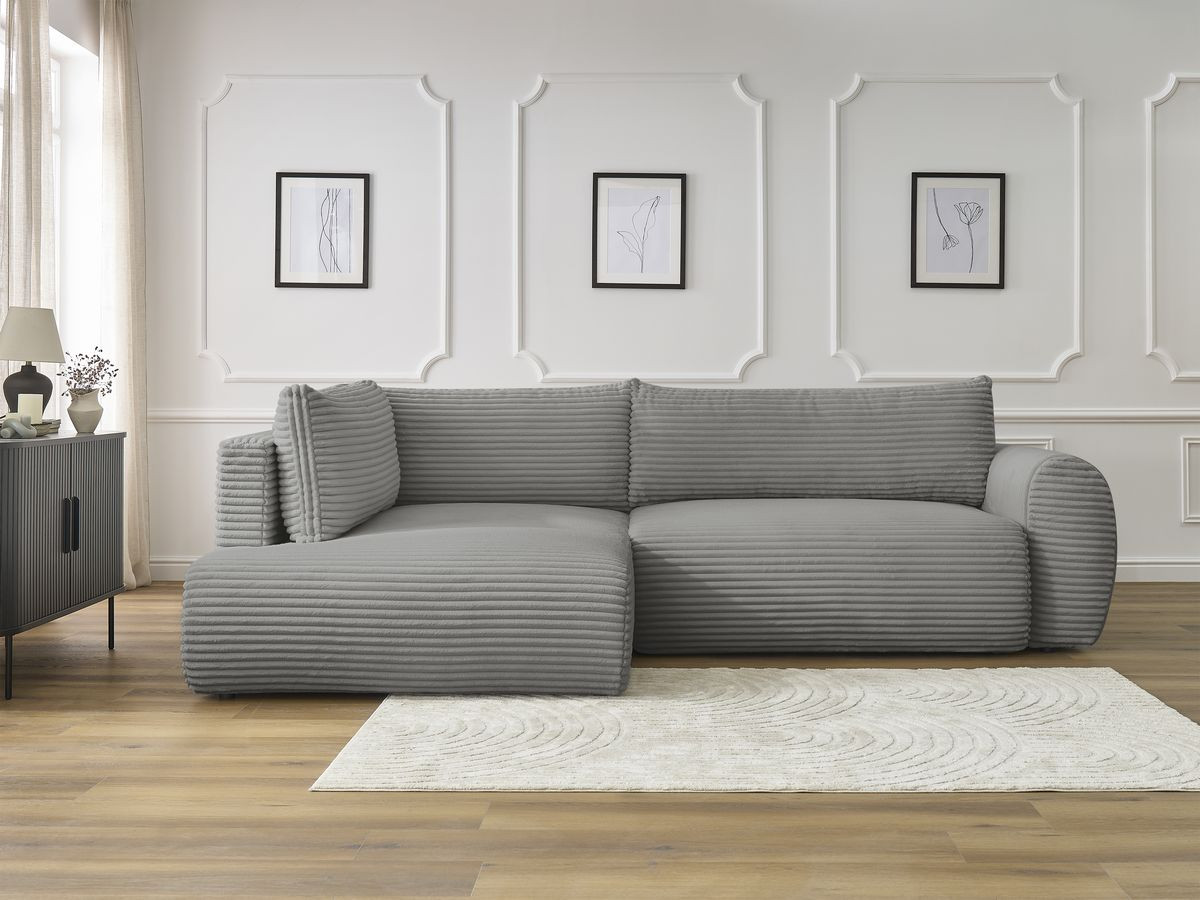 Bobochic Lucien Ecksofa mit Schlaffunktion und Bettkasten 296 × 198 cm Breitcord weich Dunkelgrau Ecke links