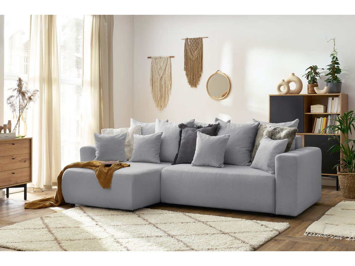 Bobochic Envy Ecksofa mit Schlaffunktion und Bettkasten Bouclé-Stoff Hellgrau