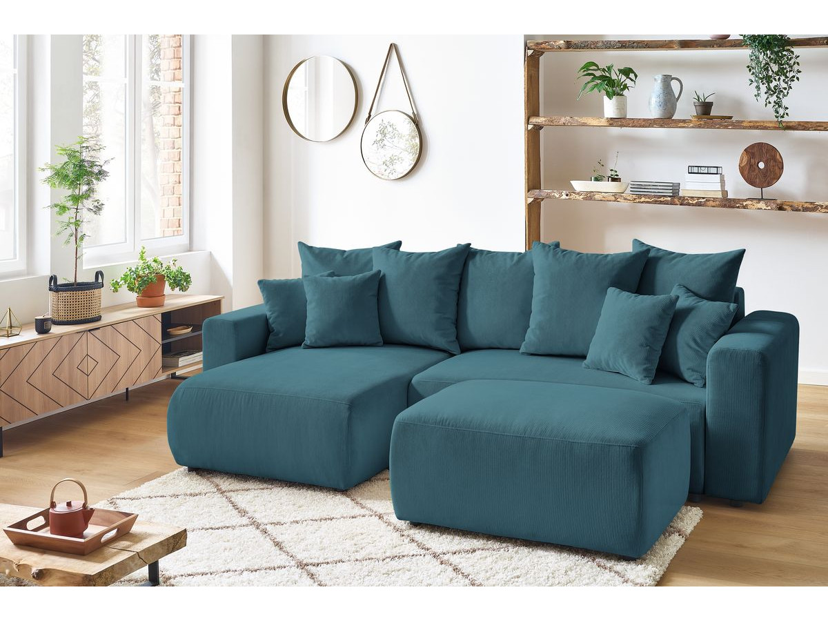 Bobochic Envy Ecksofa mit Schlaffunktion und Bettkasten und Pouf Cordsamt Dunkelblau