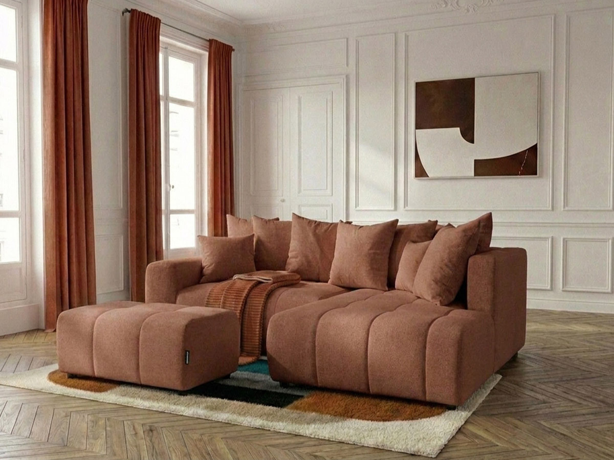 Bobochic Roxelane Ecksofa mit Schlaffunktion und Bettkasten und Pouf Melange-Stoff Orange Ecke rechts