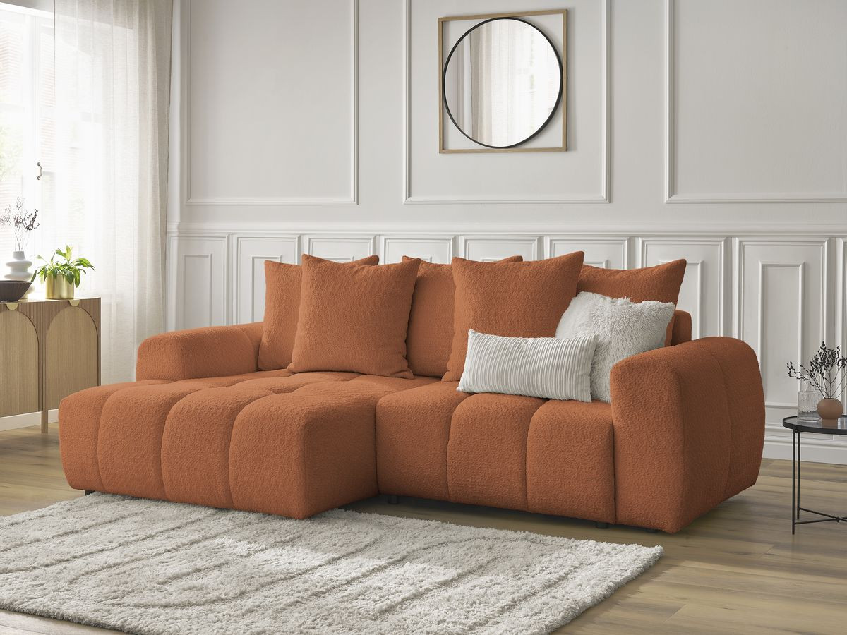 Bobochic Roxelane Ecksofa mit Schlaffunktion und Bettkasten 258 × 150 cm Bouclé-Stoff Orange Ecke links