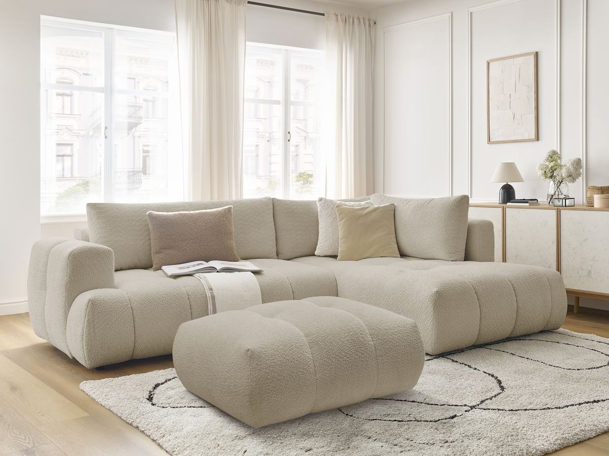Bobochic Fuji Ecksofa mit Schlaffunktion und Bettkasten und Pouf 282 × 204 cm Bouclé-Stoff Beige Ecke rechts