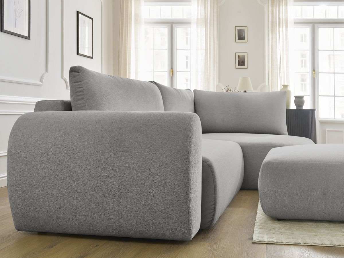Bobochic Lucien Ecksofa mit Schlaffunktion und Bettkasten und Pouf 296 × 198 cm Stoff Hellgrau Ecke rechts