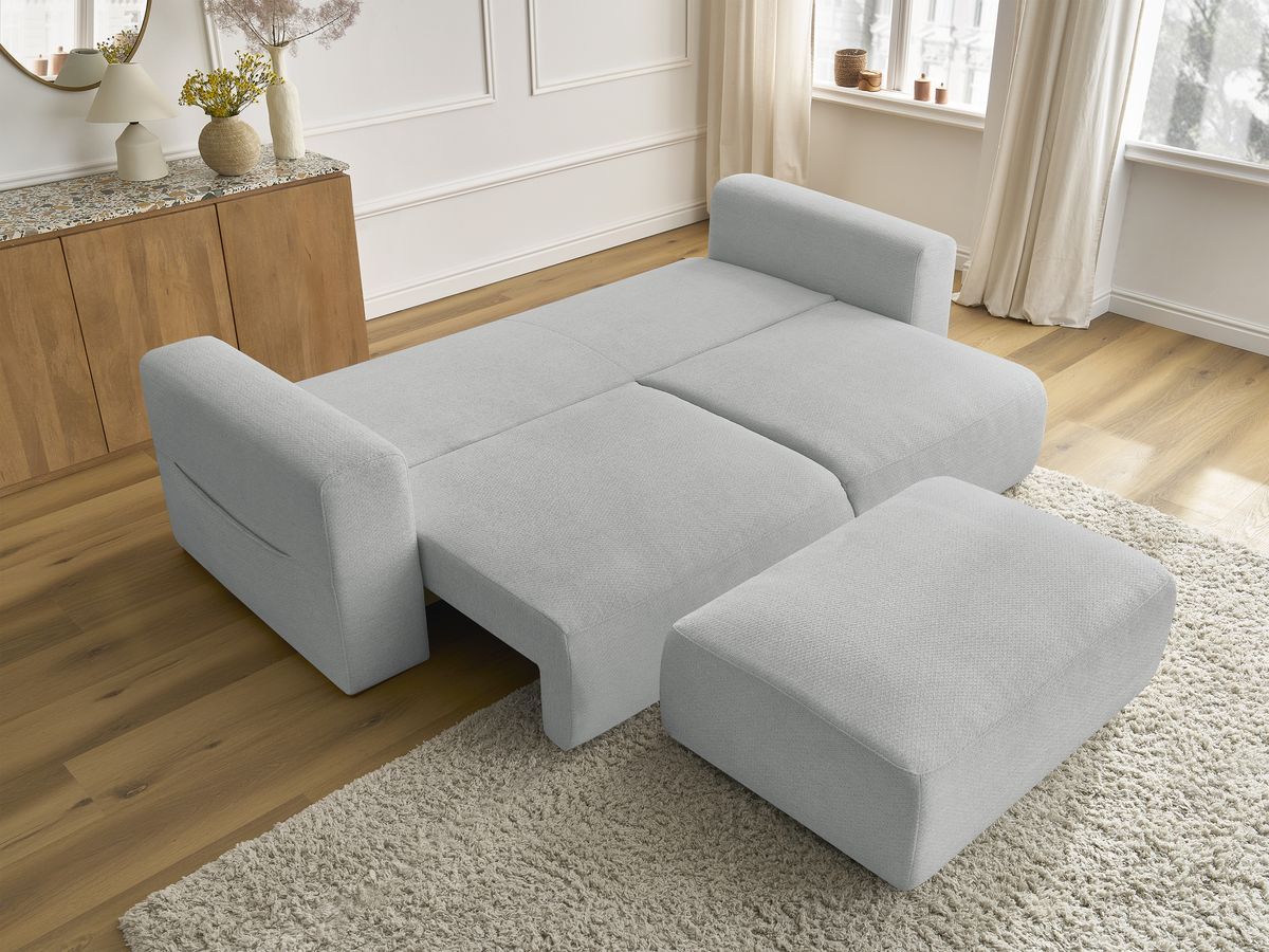 Bobochic Sidonie Schlafsofa 4-Sitzer mit Bettkasten und Pouf Melange-Stoff Hellgrau