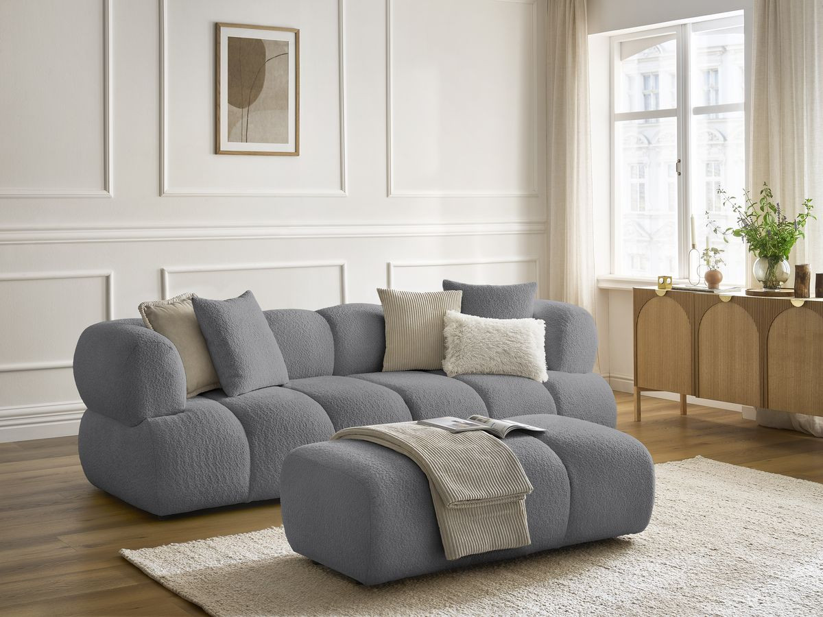 Bobochic Pamira Sofa 3-Sitzer mit Pouf Bouclé-Stoff Dunkelgrau