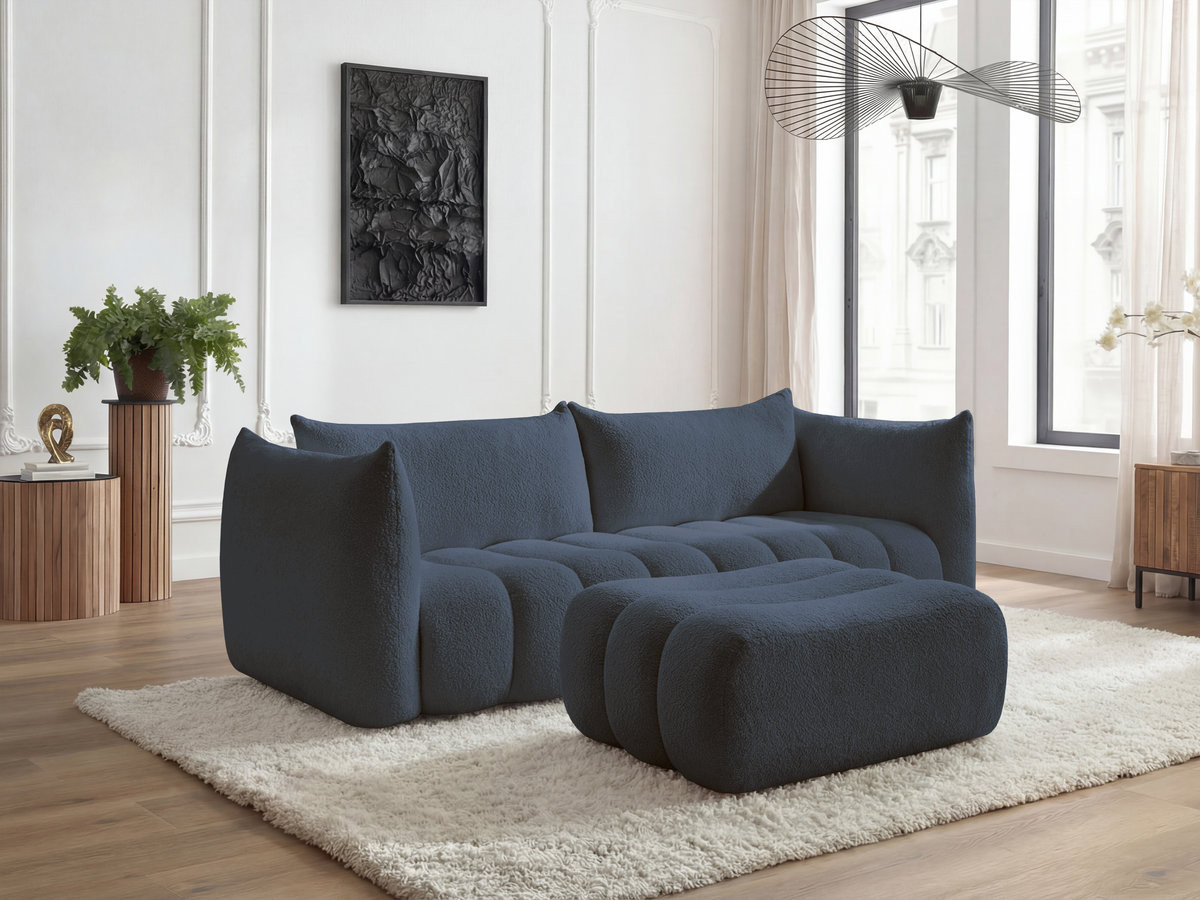 Bobochic Azra Sofa 4-Sitzer mit Pouf Bouclé-Stoff Dunkelblau