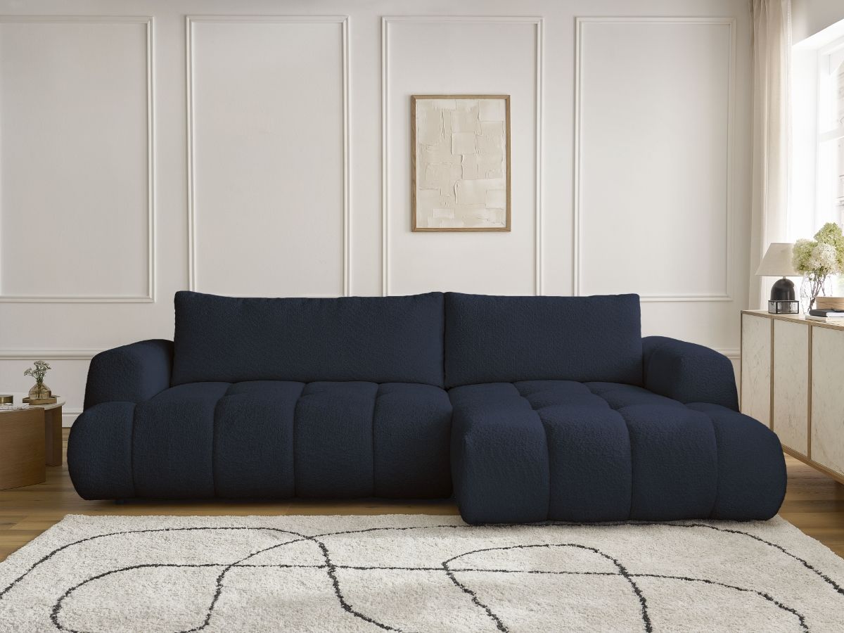 Bobochic Fuji Ecksofa mit Schlaffunktion und Bettkasten 292 × 160 cm Bouclé-Stoff Dunkelblau Ecke rechts