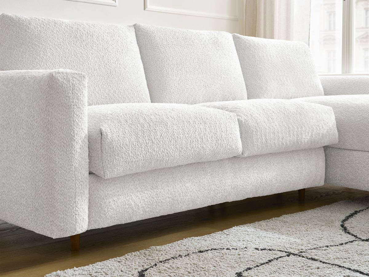 Bobochic Cocoone Ecksofa mit Schlaffunktion und Bettkasten Bouclé-Stoff Weiß, Liegefläche 140 × 200 cm