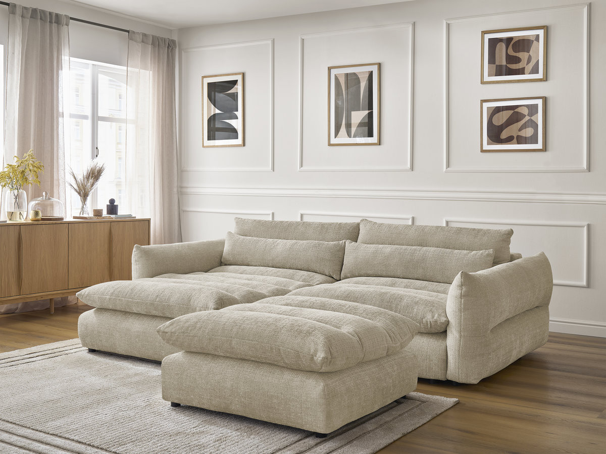 Bobochic Neil Ecksofa mit Pouf Strukturstoff Beige Ecke links
