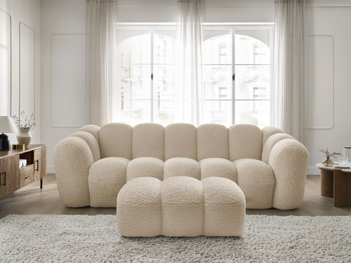 Bobochic Hippolyte Sofa 3-Sitzer mit Pouf Bouclé-Stoff Beige