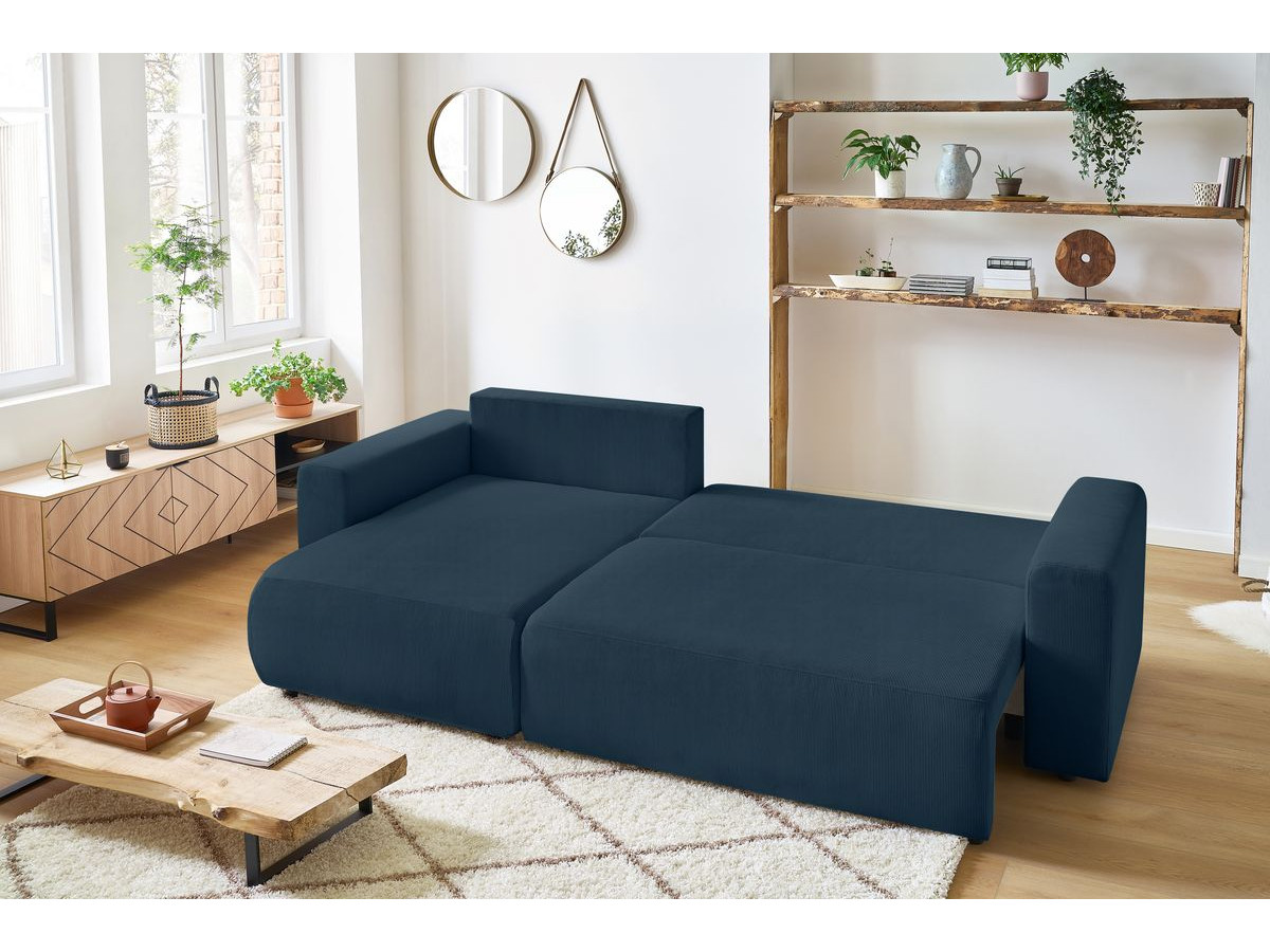 Bobochic Envy Ecksofa mit Schlaffunktion und Bettkasten und Pouf Cordsamt Dunkelblau