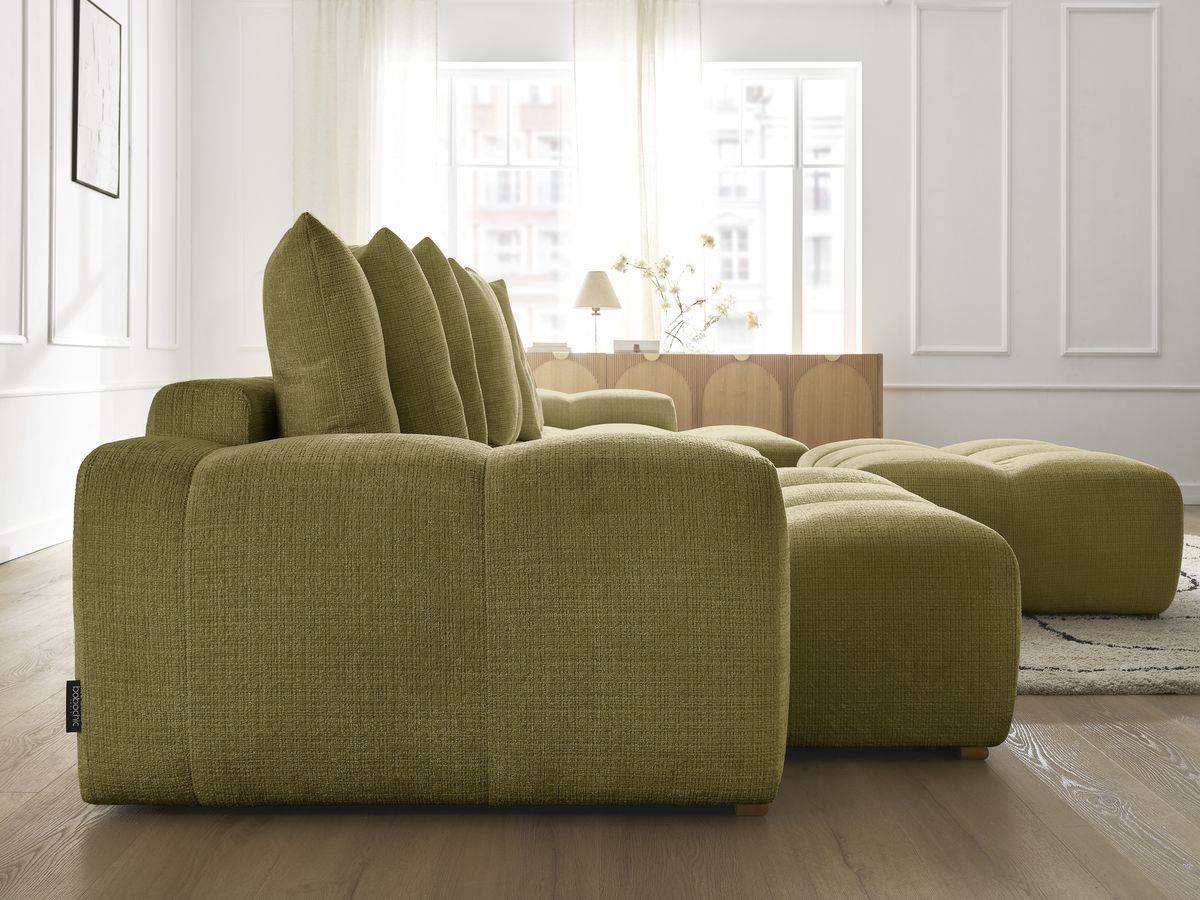 Bobochic Anakin Wohnlandschaft mit Pouf, Liegefläche 137 × 382 cm, 10 Kissen Strukturstoff Grün
