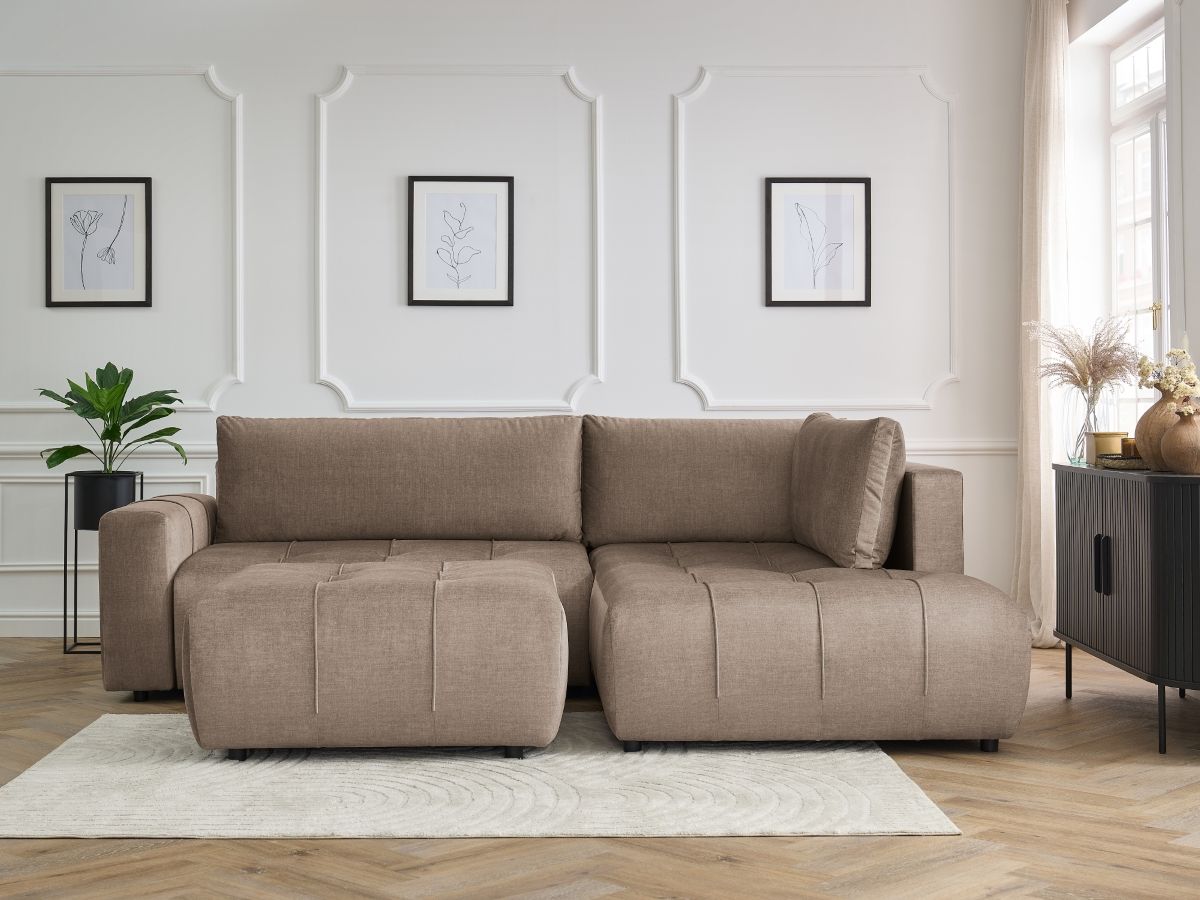 Bobochic Arsene Ecksofa mit Schlaffunktion und Bettkasten und Pouf 277 × 200 cm Samt Taupe Ecke rechts