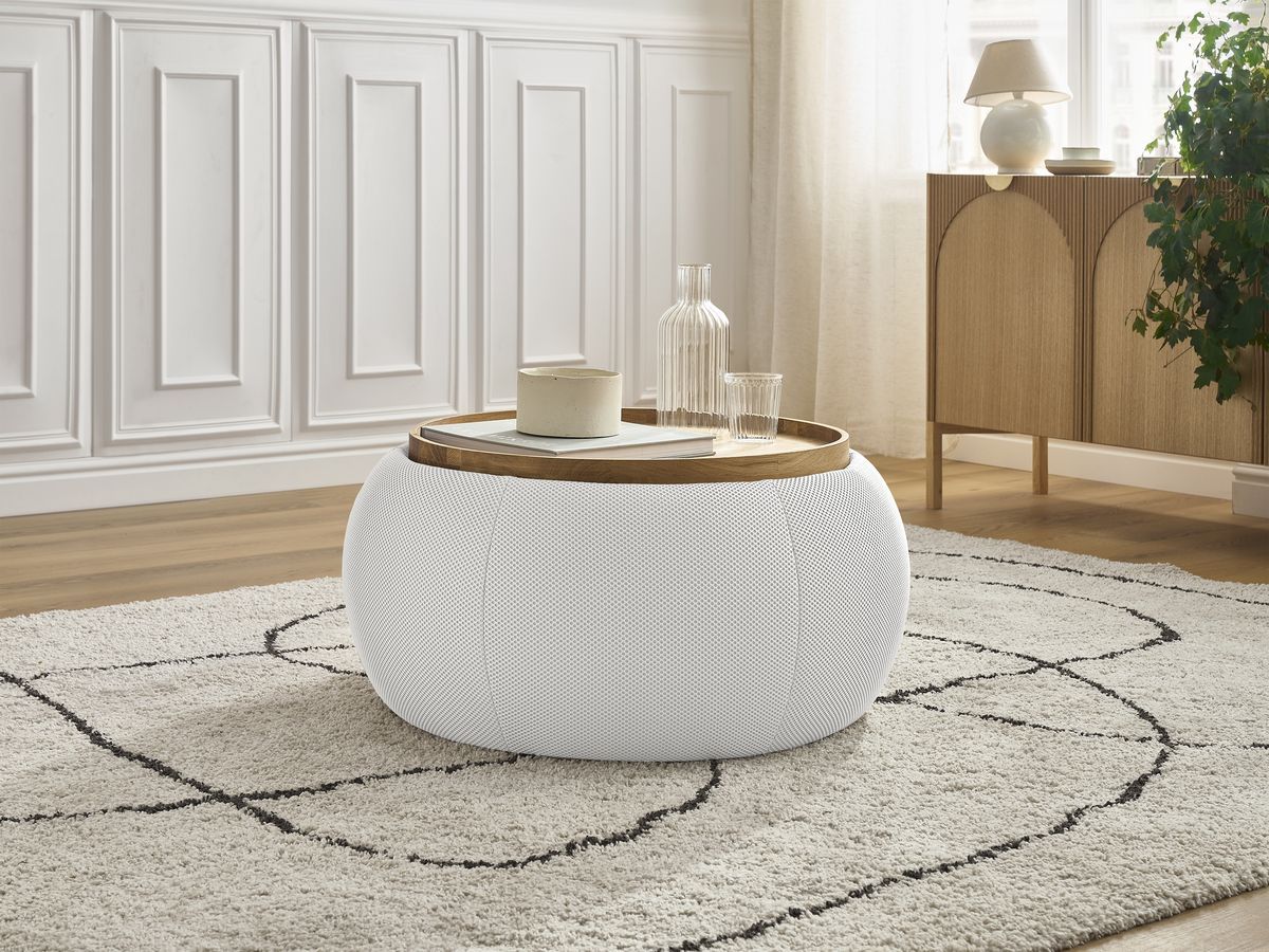 Bobochic Hayden Pouf mit Tablett, rund Mesh-Stoff Weiß, 77 cm