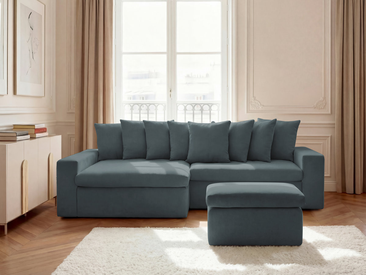 Bobochic Enore Ecksofa mit Pouf Stoff Blau Ecke links