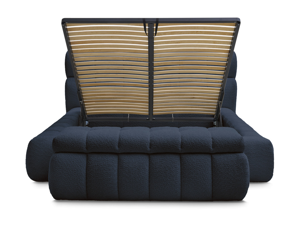 Bobochic Mont-blanc Polsterbett mit Bettkasten mit Bettbank Bouclé-Stoff Dunkelblau, Liegefläche 140 × 190 cm