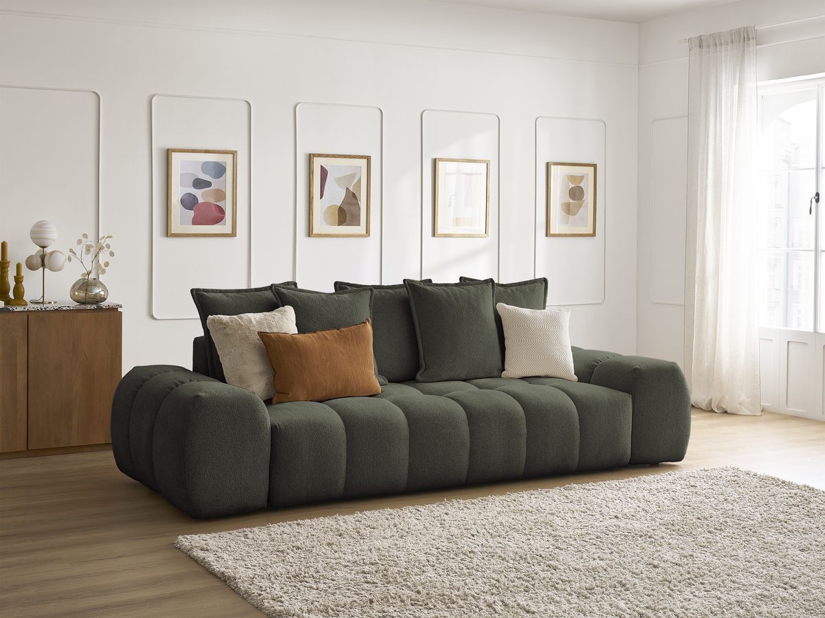 Bobochic Everest Sofa 3-Sitzer, 5 Kissen Melange-Stoff Grün