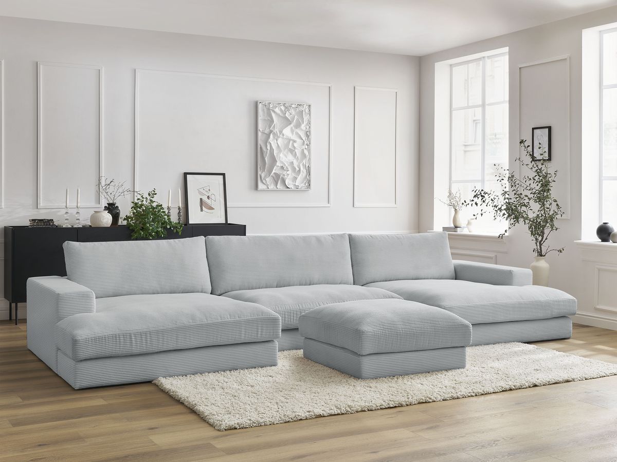 Bobochic Leonard Wohnlandschaft mit Pouf 404 × 159 cm Cordsamt Hellgrau