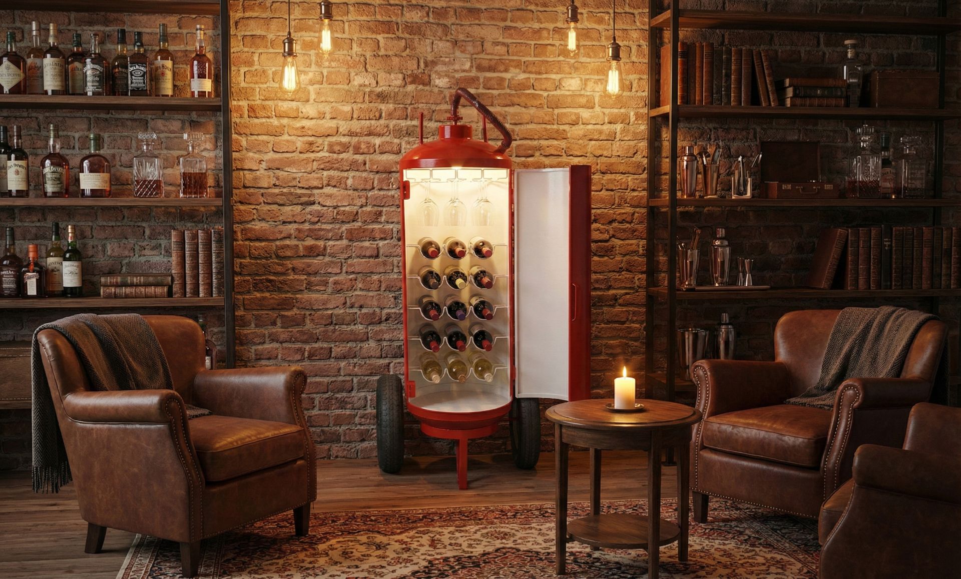 Möbelfaktor PyroVault Industrial-Minibar in Rot – Milieubild in einer Lounge mit Ledersesseln