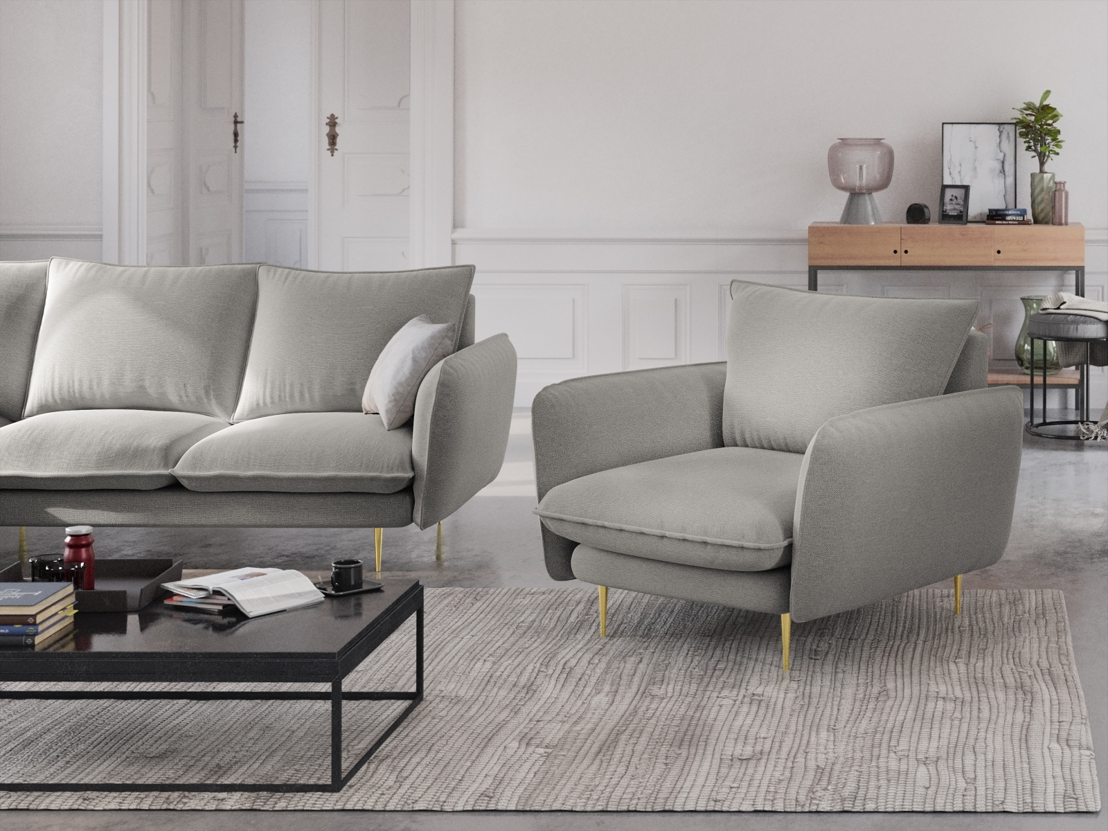 Cosmopolitan Design Sessel Vienna Strukturierter Stoff Asgard/Positano Hellgrau Beine Gold