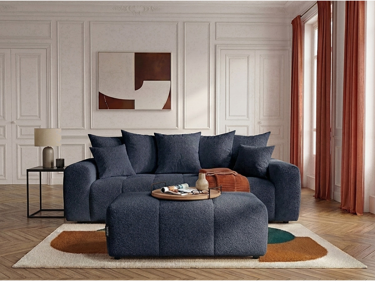 Bobochic Roxelane Schlafsofa 3-Sitzer mit Bettkasten und Pouf Bouclé-Stoff Dunkelblau