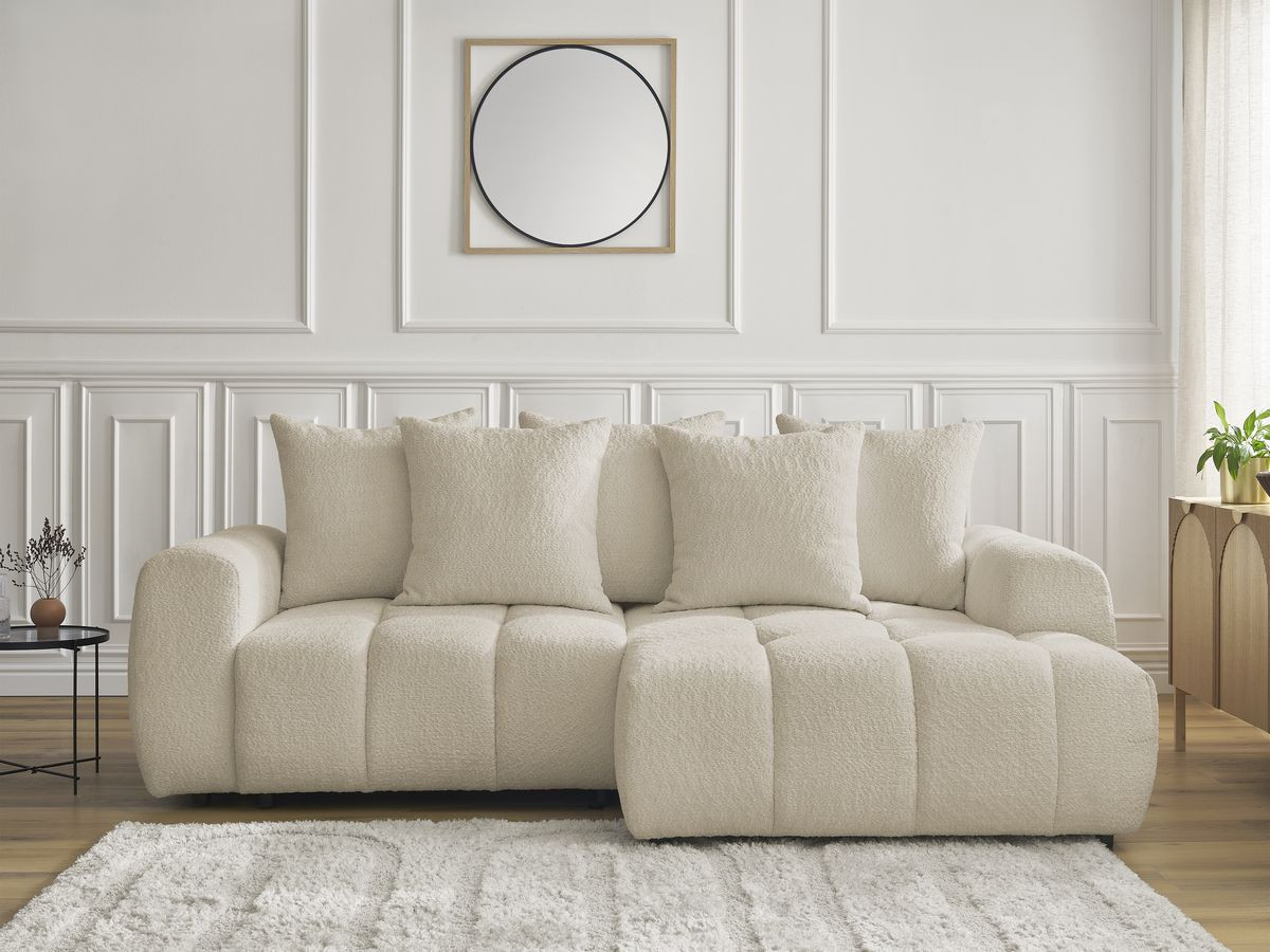 Bobochic Roxelane Ecksofa mit Schlaffunktion und Bettkasten 258 × 150 cm Bouclé-Stoff Beige Ecke rechts
