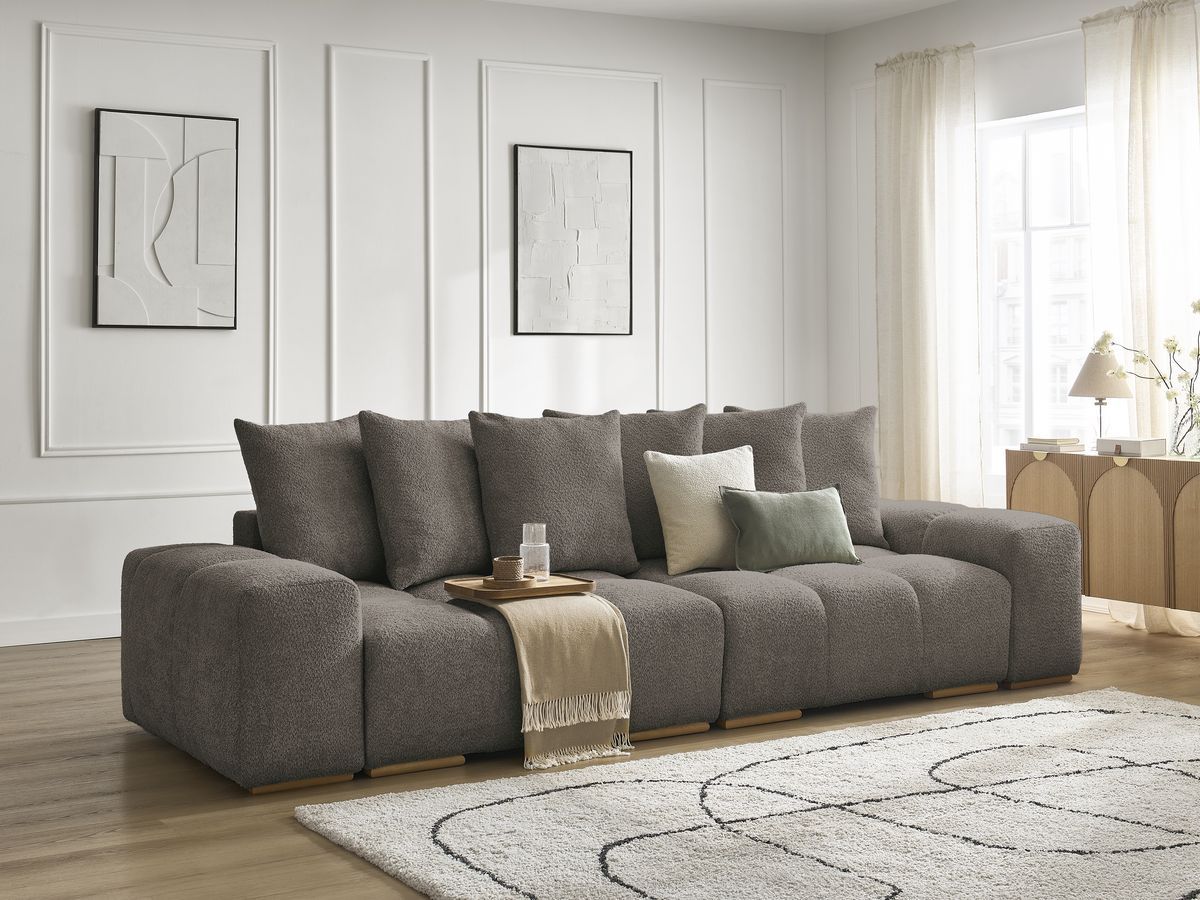 Bobochic Anakin Sofa 3-Sitzer, 6 Kissen Bouclé-Stoff Braun