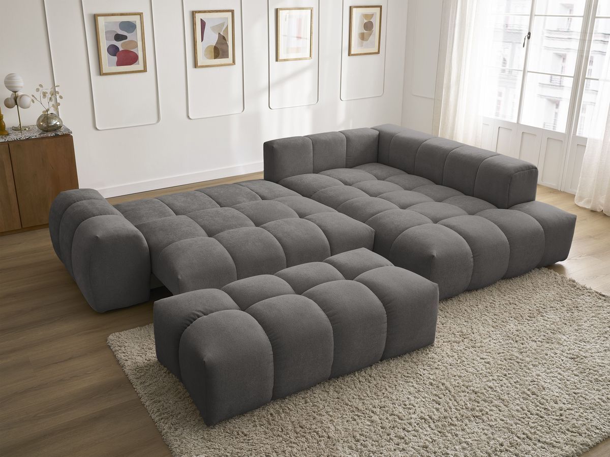 Bobochic Everest Ecksofa mit Schlaffunktion und Bettkasten und Pouf 320 × 212 cm, 5 Kissen Strukturstoff Dunkelgrau Ecke rechts