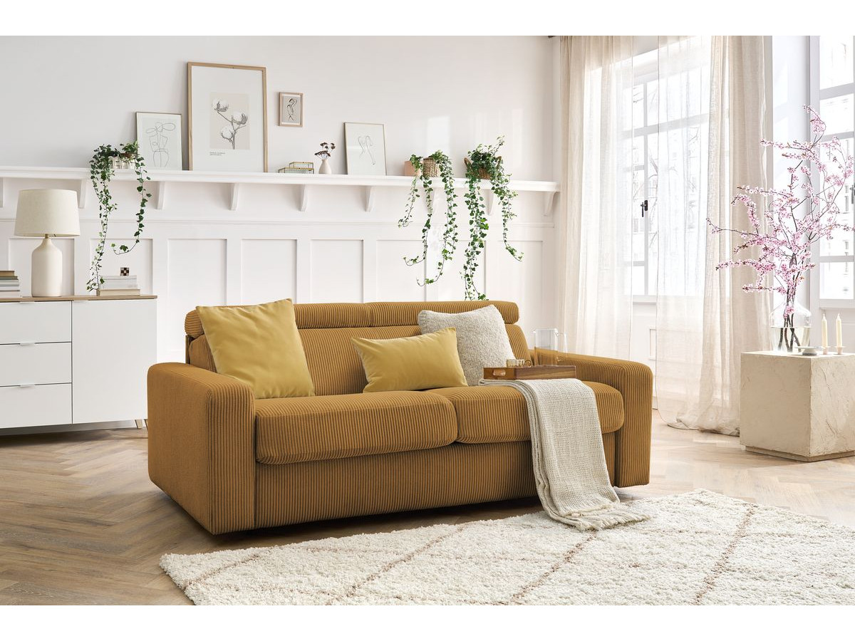 Bobochic Monaco Schlafsofa 3-Sitzer Cordsamt Gelb, Liegefläche 140 × 190 cm