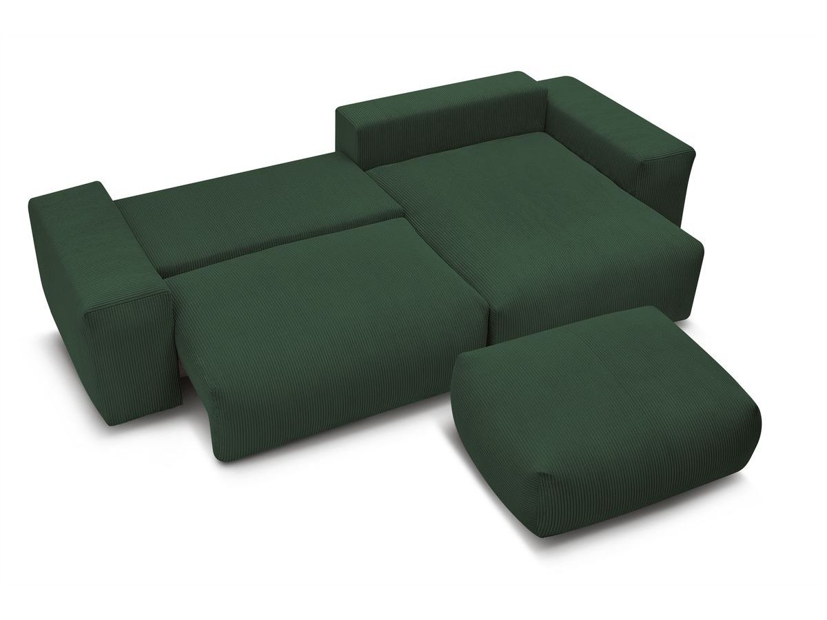 Bobochic Voltaire Ecksofa mit Schlaffunktion und Bettkasten und Pouf Cordsamt Grün