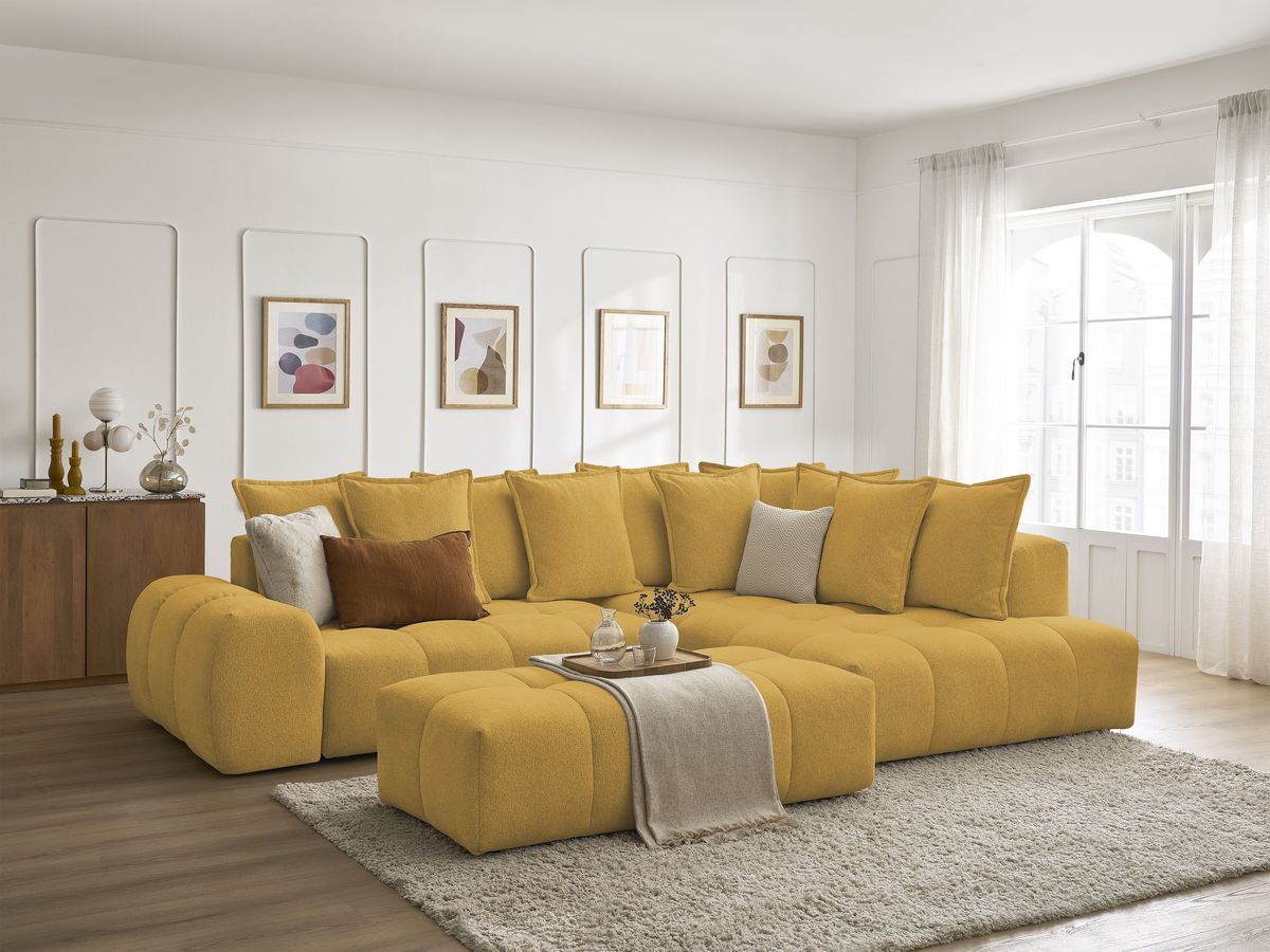 Bobochic Everest Ecksofa mit Schlaffunktion und Bettkasten und Pouf 320 × 212 cm, 10 Kissen Melange-Stoff Gelb Ecke rechts