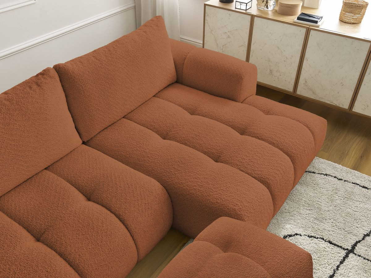 Bobochic Fuji Ecksofa mit Schlaffunktion und Bettkasten und Pouf 292 × 160 cm Bouclé-Stoff Orange Ecke rechts