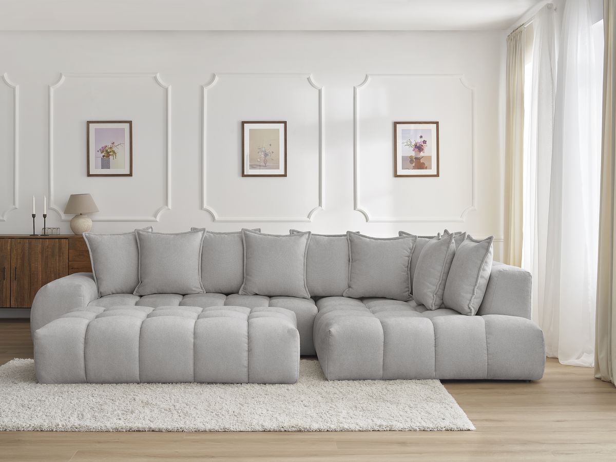 Bobochic Everest Ecksofa mit Schlaffunktion und Pouf, 10 Kissen Strukturstoff Hellgrau Ecke rechts