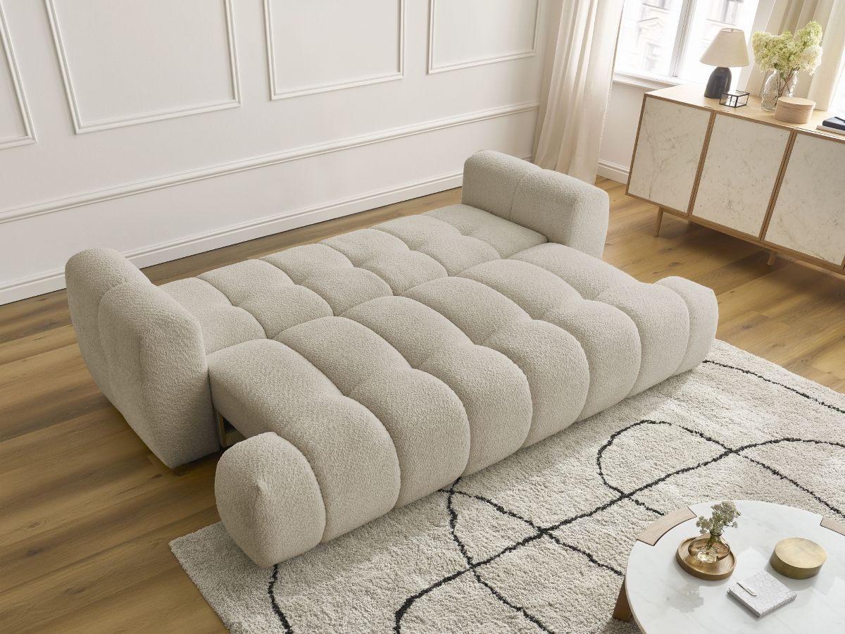 Bobochic Fuji Schlafsofa 3-Sitzer mit Bettkasten Bouclé-Stoff Beige