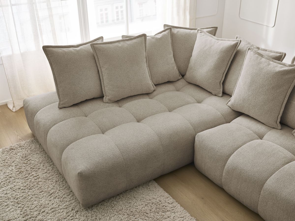 Bobochic Everest Ecksofa mit Schlaffunktion und Bettkasten 320 × 212 cm, 10 Kissen Melange-Stoff Taupe Ecke links
