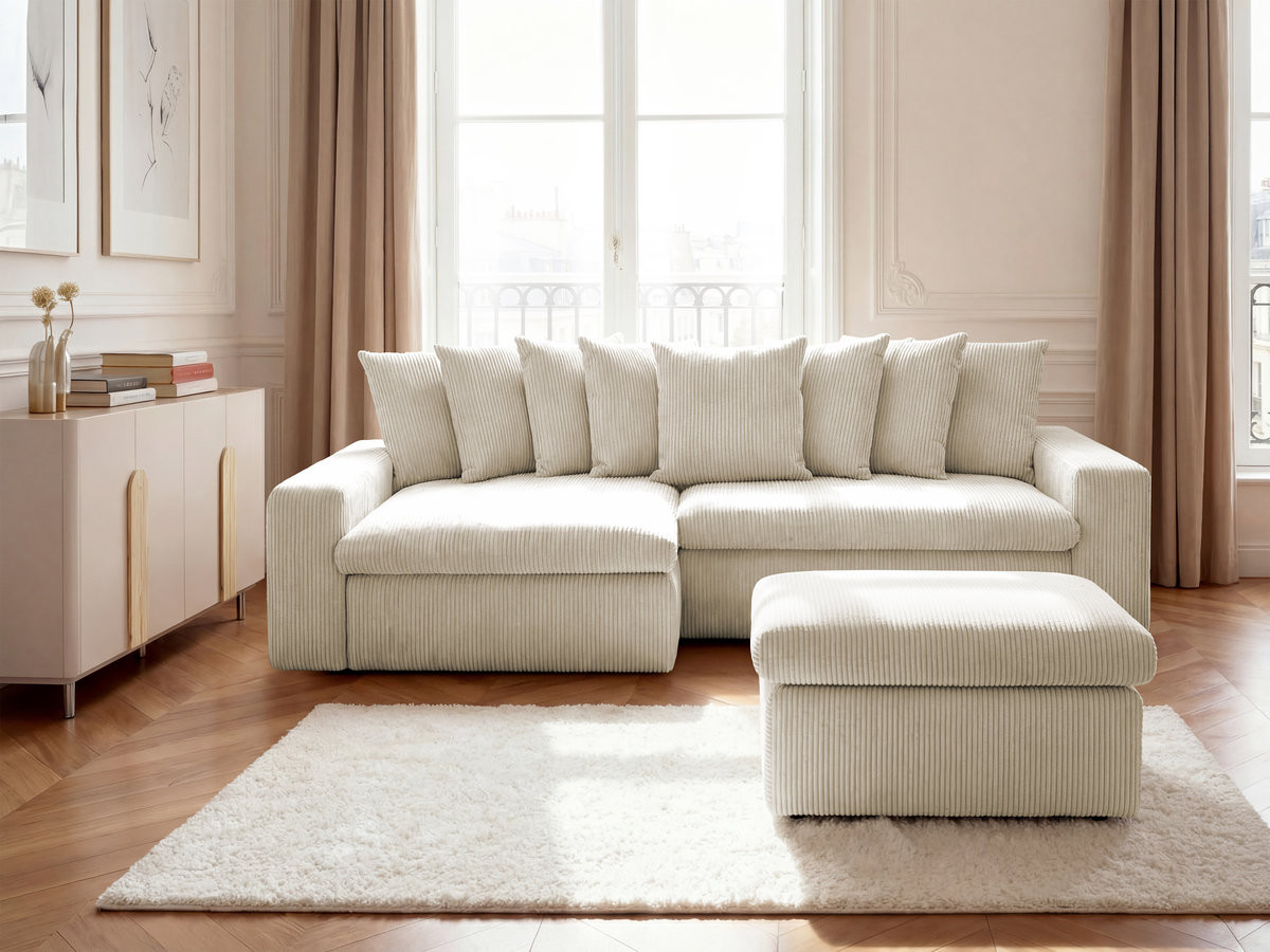 Bobochic Enore Ecksofa mit Pouf Cordsamt Beige Ecke links