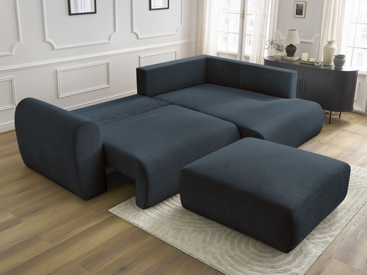 Bobochic Lucien Ecksofa mit Schlaffunktion und Bettkasten und Pouf 296 × 198 cm Stoff Dunkelblau Ecke rechts