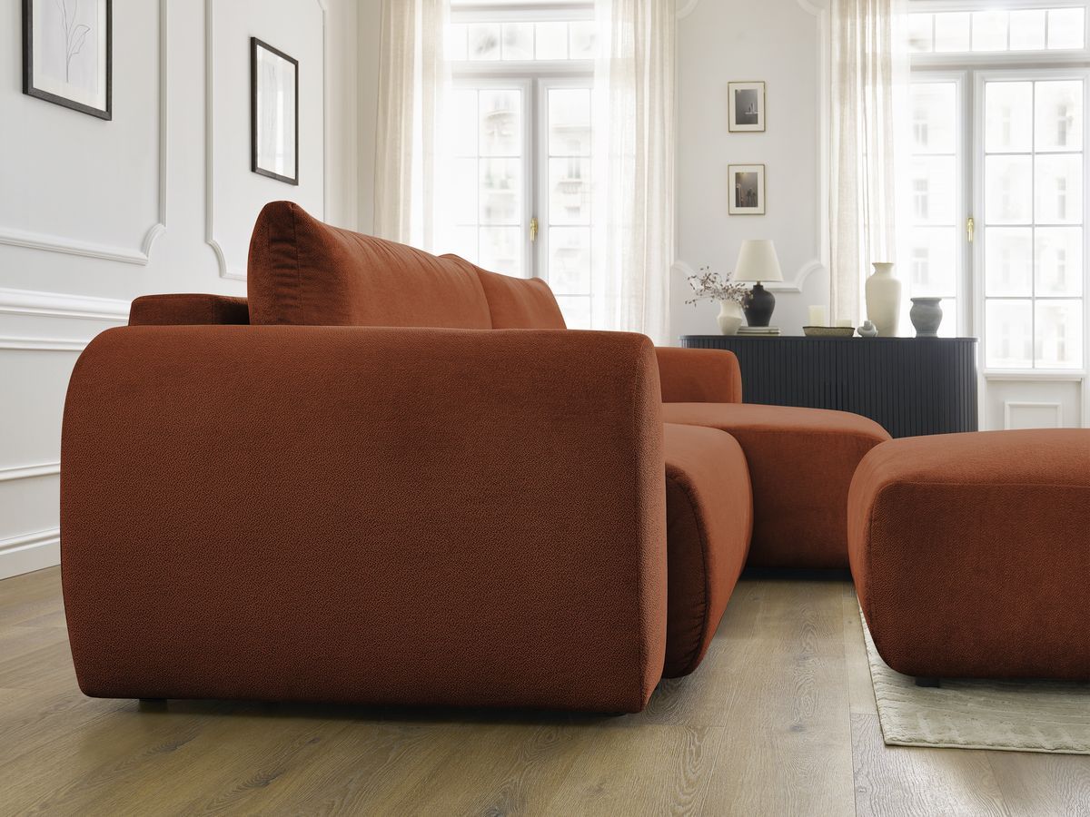 Bobochic Lucien Ecksofa mit Schlaffunktion und Bettkasten und Pouf 314 × 167 cm Stoff Orange Ecke rechts