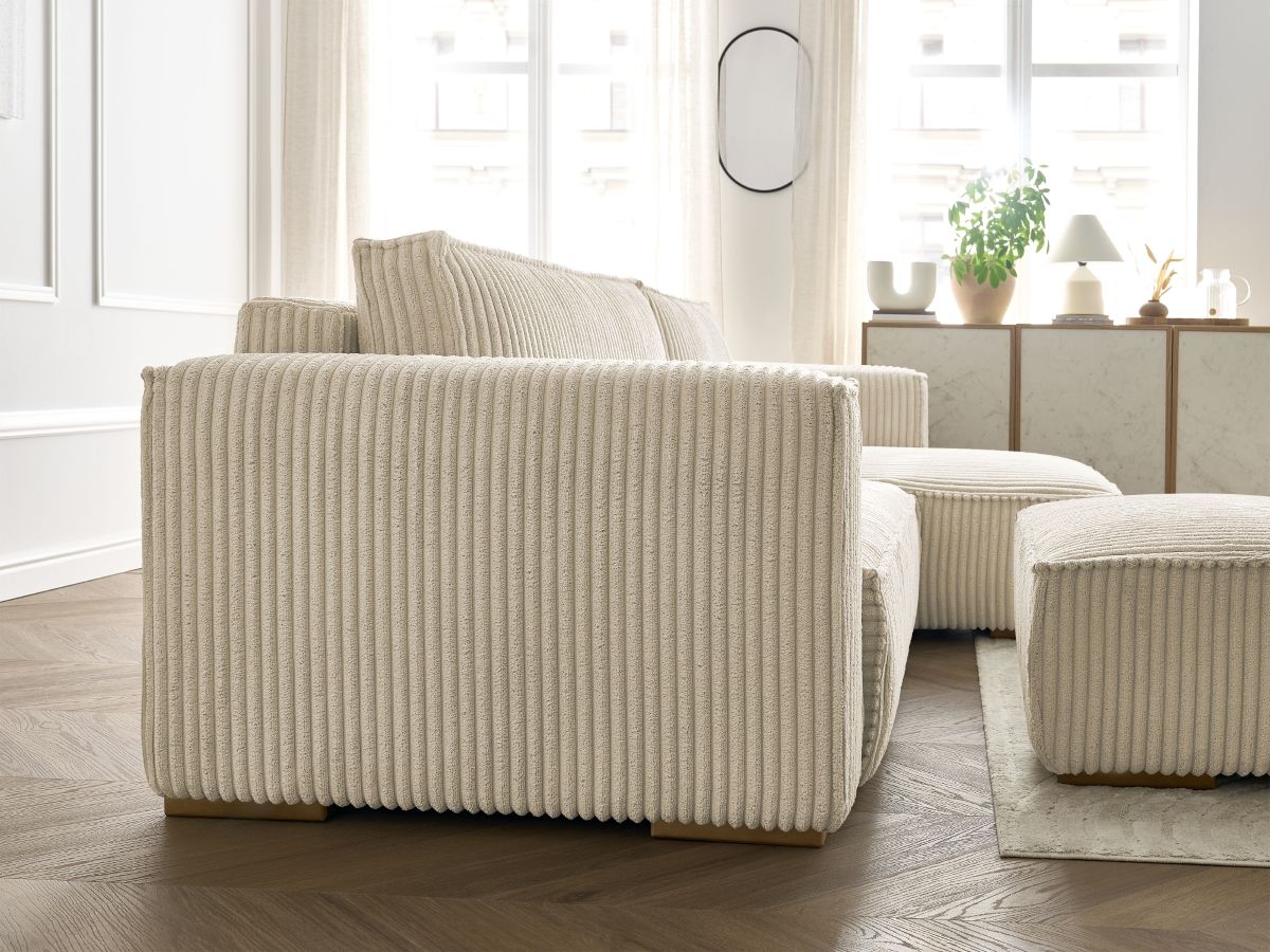 Bobochic Chelsea Ecksofa mit Schlaffunktion und Bettkasten und Pouf Breitcord weich Taupe