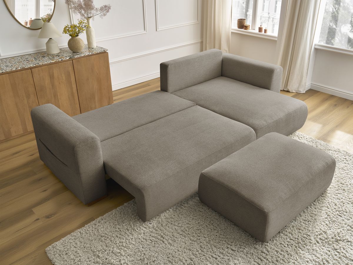 Bobochic Sidonie Ecksofa mit Schlaffunktion und Bettkasten und Pouf Melange-Stoff Taupe