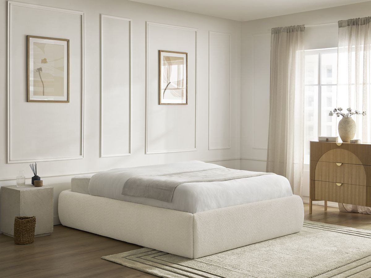 Bobochic Inera Bettgestell mit Bettkasten, ohne Kopfteil Bouclé-Stoff Beige, Liegefläche 180 × 200 cm
