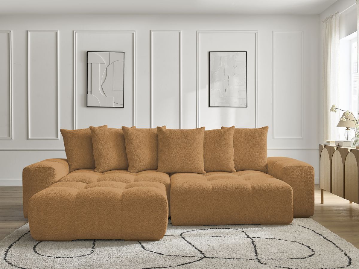 Bobochic Anakin Ecksofa mit Schlaffunktion und Bettkasten und Pouf, 6 Kissen Bouclé-Stoff Gelb