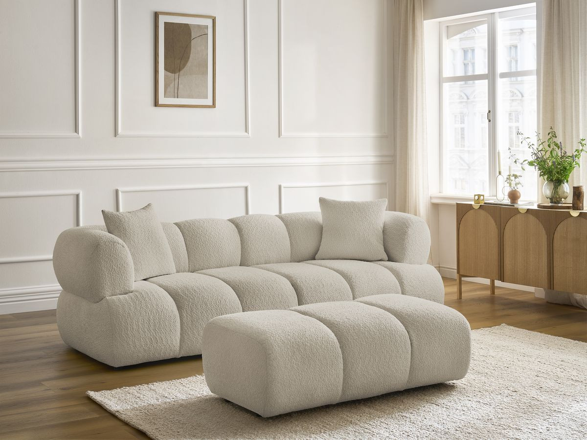 Bobochic Pamira Sofa 3-Sitzer mit Pouf Bouclé-Stoff Beige