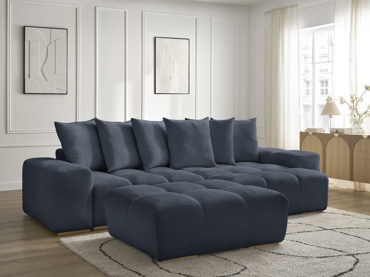 Bobochic Anakin Ecksofa mit Pouf, 6 Kissen Strukturstoff Dunkelblau