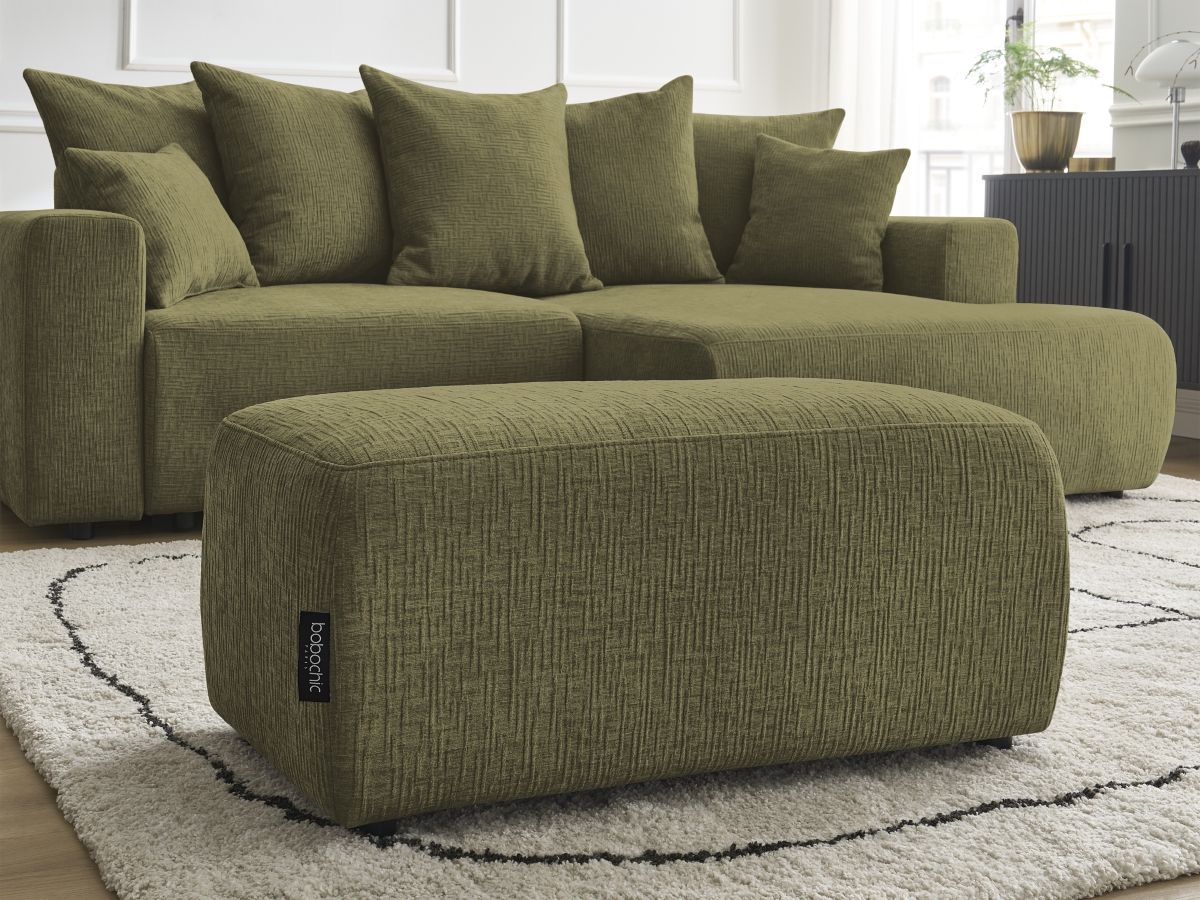 Bobochic Atilla Ecksofa mit Schlaffunktion und Bettkasten und Pouf Strukturstoff Grün Ecke rechts