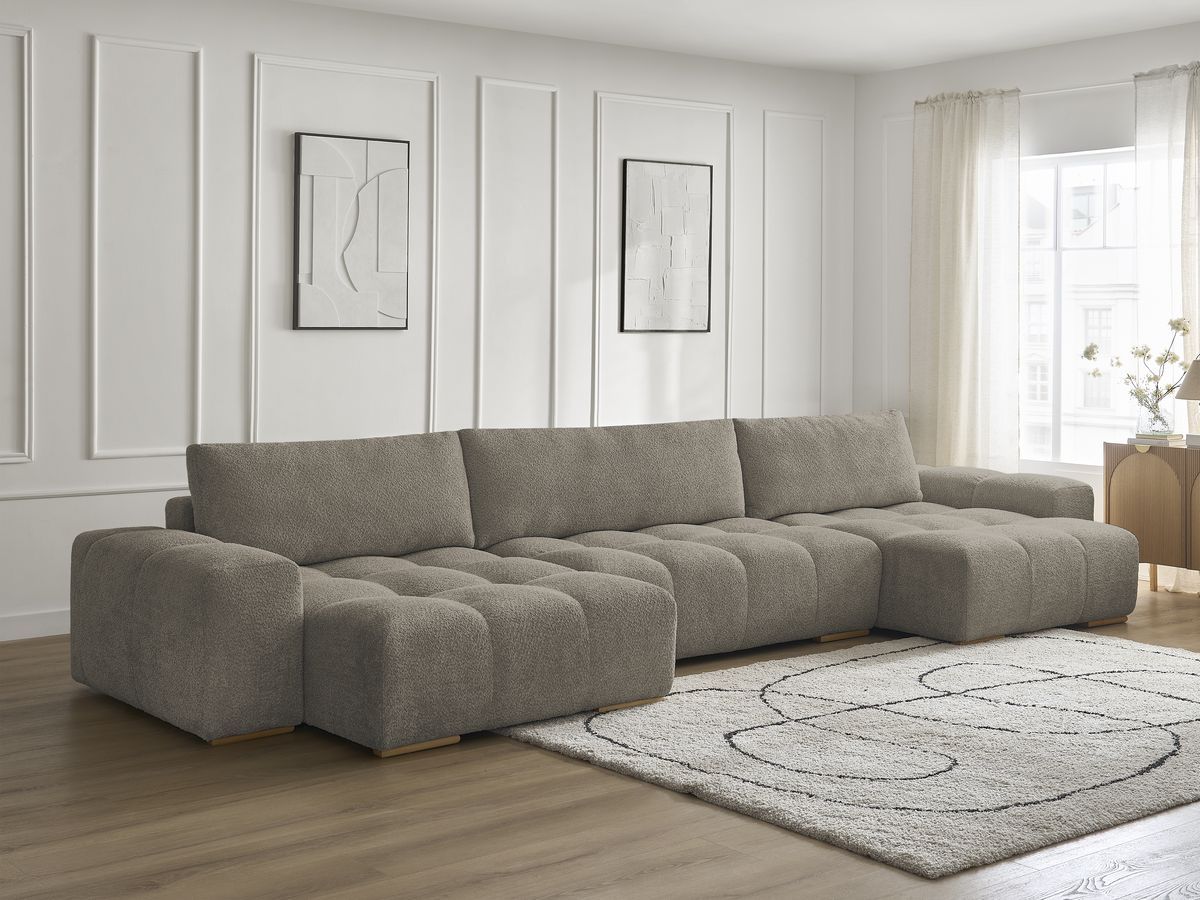Bobochic Anakin Wohnlandschaft, Liegefläche 137 × 382 cm, 3 Kissen Bouclé-Stoff Taupe