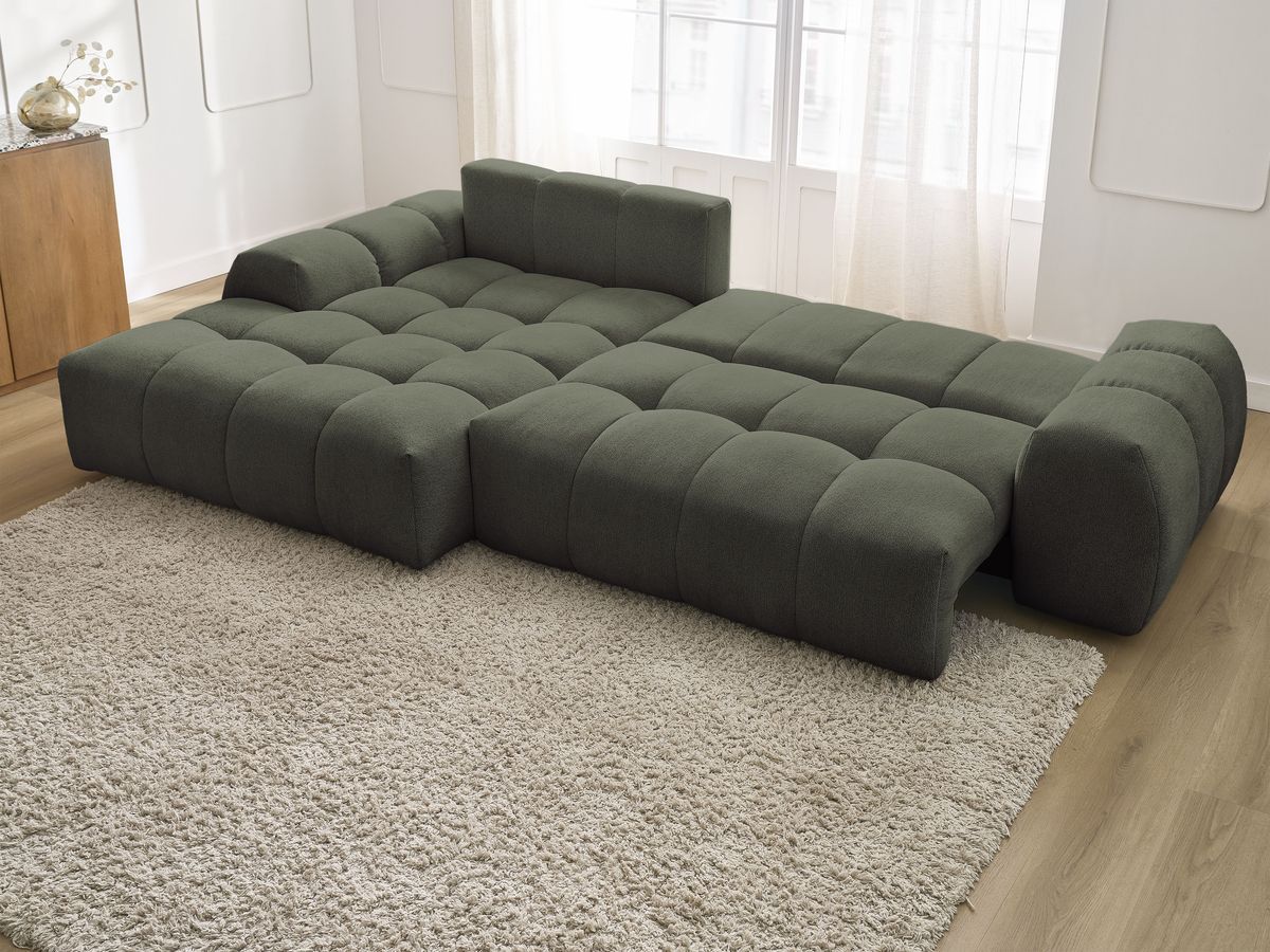 Bobochic Everest Ecksofa mit Schlaffunktion und Bettkasten 318 × 180 cm, 7 Kissen Melange-Stoff Grün Ecke links