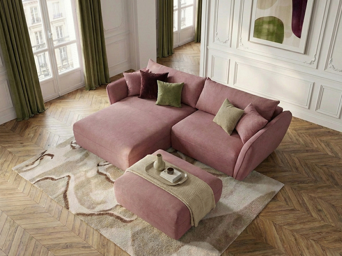 Bobochic Luigi Ecksofa mit Pouf Strukturstoff Rosa Ecke links